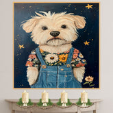 Fluffy White Dog Wall Art Wearing Floral Overalls Whimsical Animal Nursery Decor Farmhouse Bedroom Art Cute Country Cottage Gifts for Dog Lovers and Kids on Ready to Hang 1.5" Thick Canvas Wrap, Floating Framed Canvas, Flat Rolled Canvas